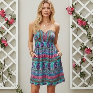 Anthropologie Maple Silk Strapless Paisley Mini Dress Sweetheart Boho Resort 2